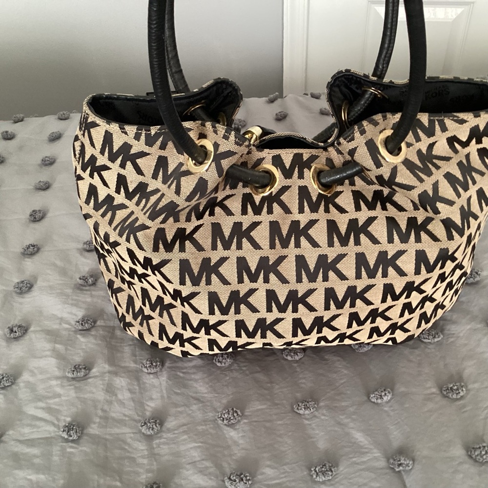 Michael Kors Black and Cream Shoulder Bag with Signature Monogram